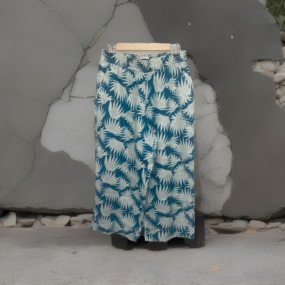 Rachel Zoe Womens Linen Blue Floral High Waisted Crop Wide Leg Pants Size M